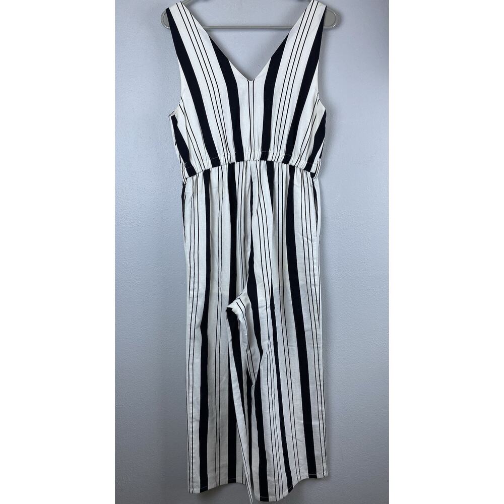 Pink Mink MPC Sz M Black Wht Stripe V Lined Elastic Waist Wide Leg Crp Jumper - Picture 4 of 12